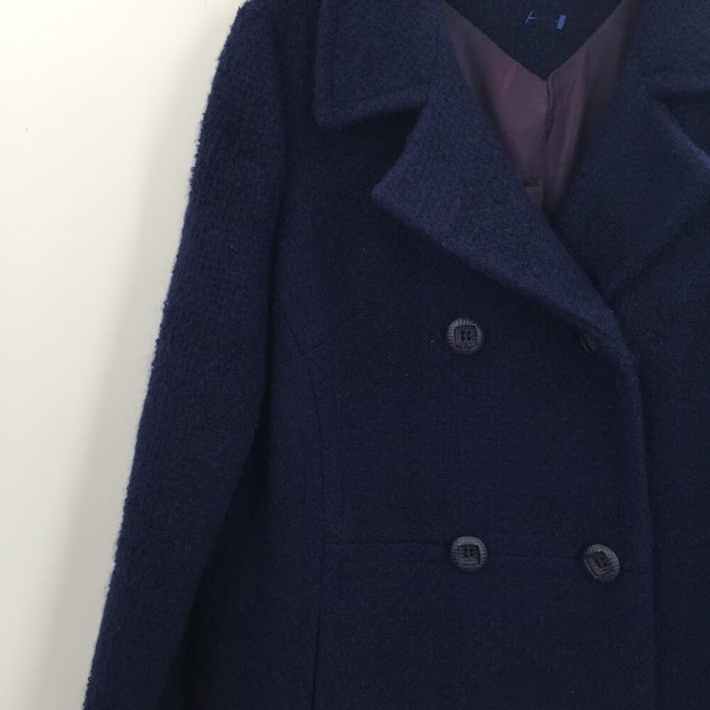 Vintage Dark Blue Full Length Coat Jacket Button Up Textured Medium/Large Trench - Picture 4 of 5